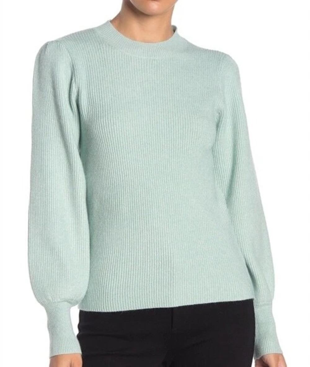 Women's S Line + Dot Ribbed Mint Light Blue Green Balloon Sleeve Sweater